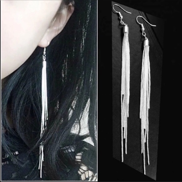 LONG DANGLE DROP SILVER EARRINGS - Picture 5 of 6